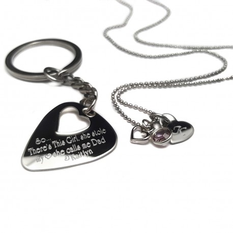 Father Daughter Guitar Pick Key chain Necklace Set 
