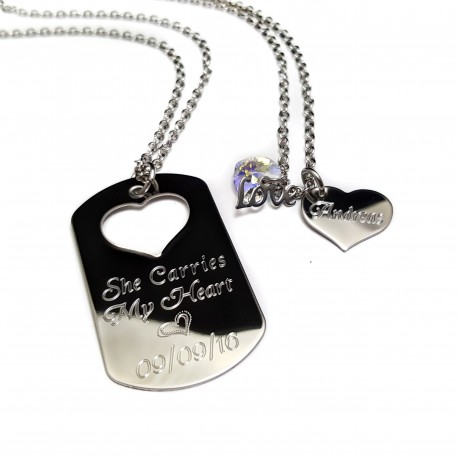 Heart Dog Tag  Key Ring Necklace Set